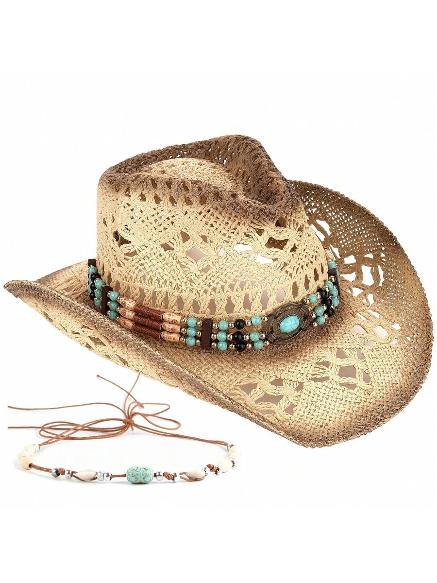 Unisex Straw Cowboy Hat With B - Cowboy Hat Straw ulasan dan harga